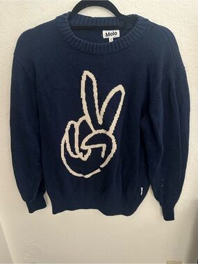 Molo Navy Crewneck Sweater with Cream Peace Hand Graphic